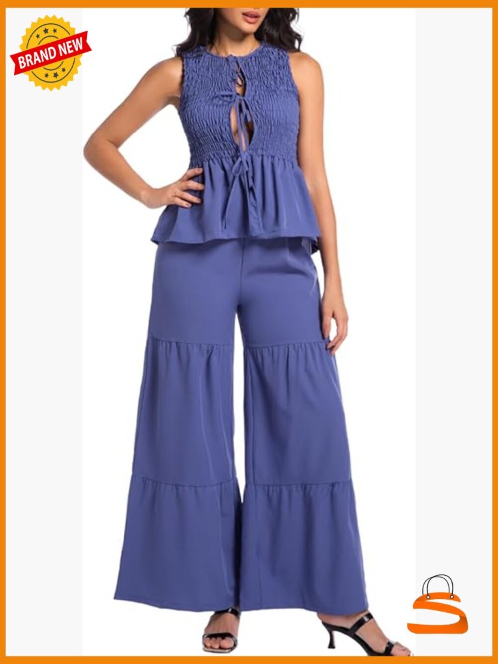 Sexy Vest and Pants Set, Tie-front Smocked Top, Tiered Flared Pants, 2 Piece